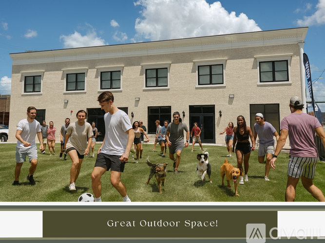 A group of people are playing soccer in front of a building with the text "Great Outdoor Space!" on the bottom.