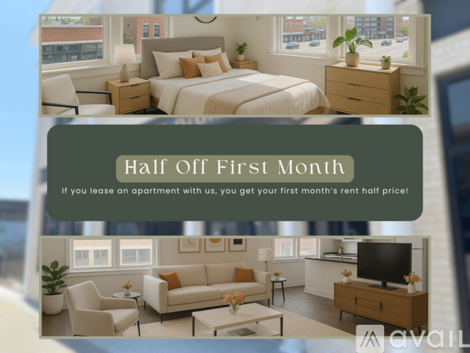 A promotional image for a half off first month apartment lease offer.