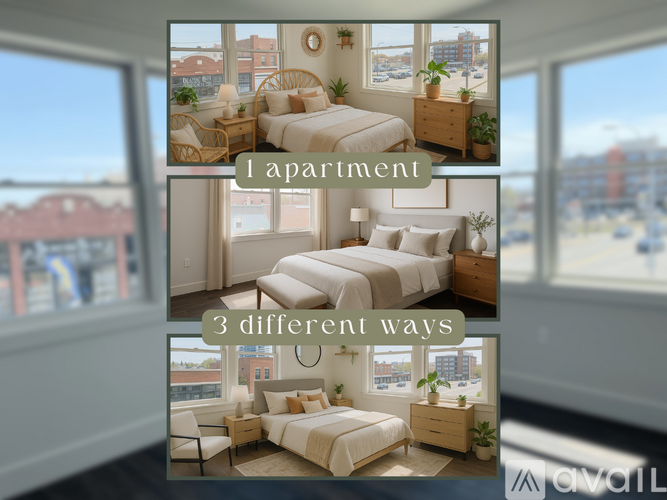 A bedroom with three different ways to arrange a bed and a nightstand.