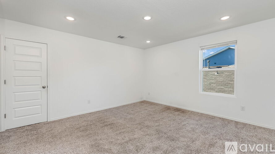 A room with a carpeted floor, a white door, and a window showing a blue building outside.