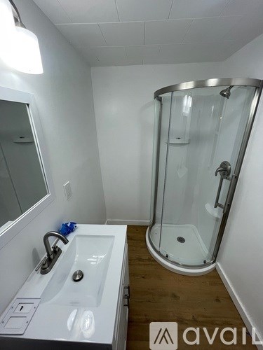A bathroom with a white sink and a glass shower stall.