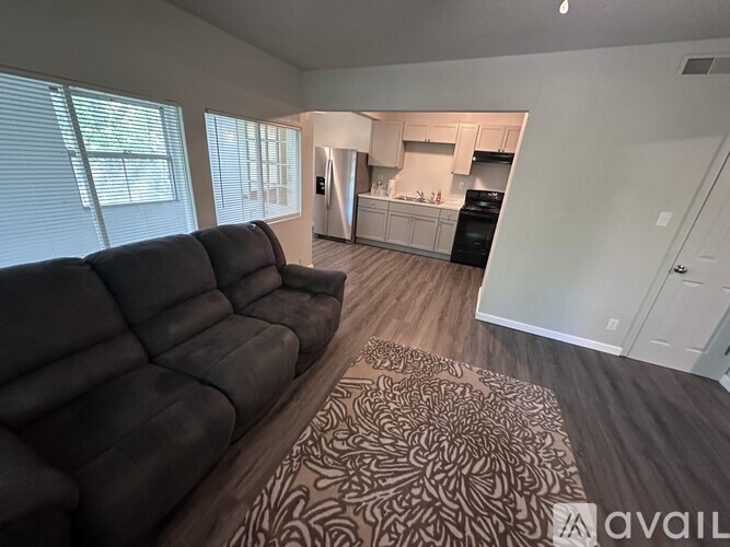 A living room with a couch and a rug in the foreground.