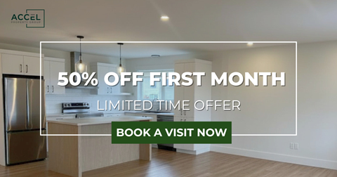 A kitchen interior with a 50% off first month limited time offer.