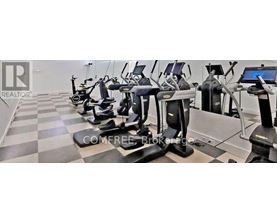 A row of exercise bikes are lined up in a gym.
