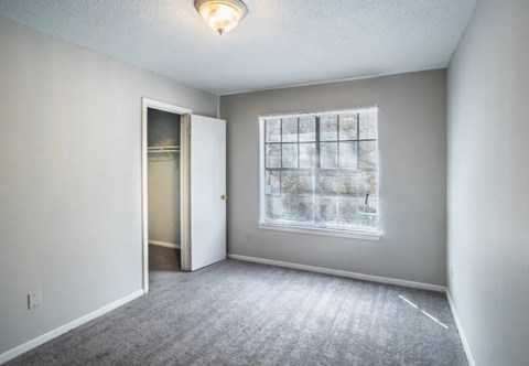A room with a carpeted floor, a window with blinds, and a door leading to another room.