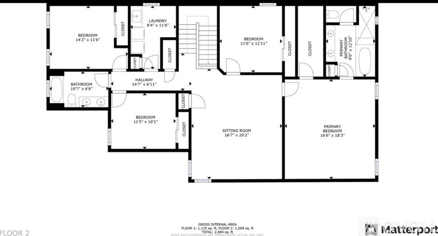 A floor plan of a house with a laundry room, two bedrooms, a bathroom, a hallway, a setting room, and a pantry.
