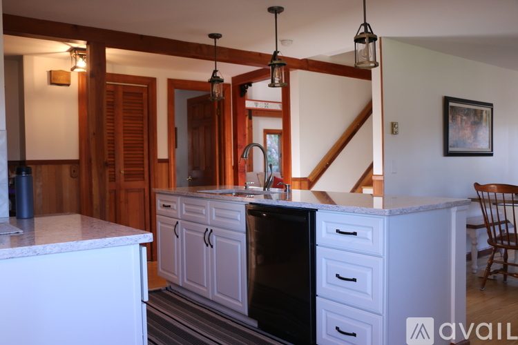 A kitchen with a white counter top and a black dishwasher.