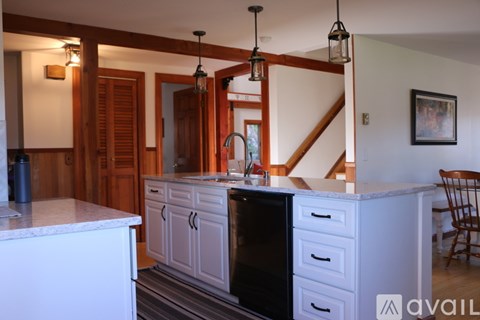 A kitchen with a white counter top and a black dishwasher.