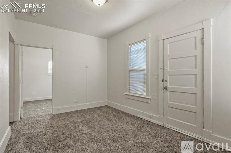 A room with a carpeted floor, a window with blinds, and a door with a handle.