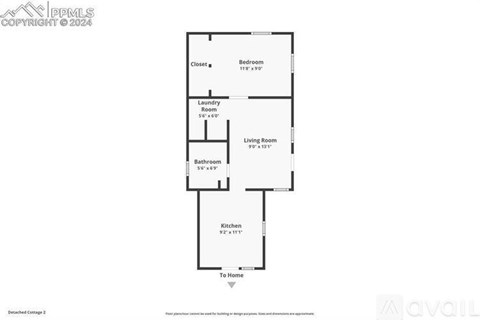 A floor plan of a house with a bedroom, living room, kitchen, bathroom and laundry area.