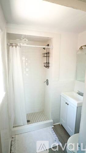 A white bathroom with a shower and a toilet.