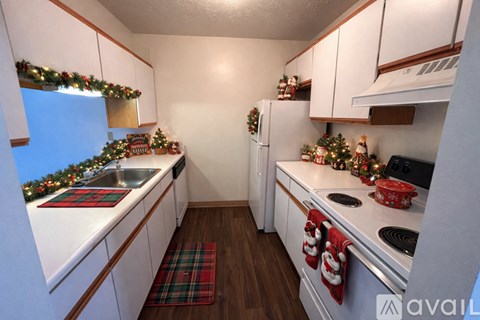 A kitchen with Christmas decorations on the counter and a Christmas tree in the background.