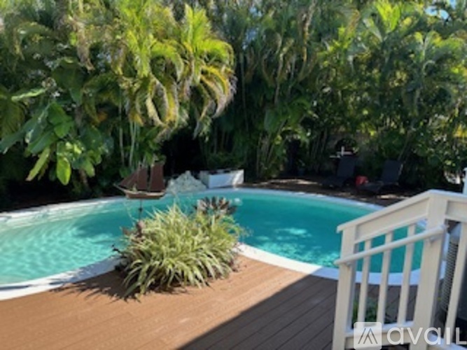 A pool surrounded by greenery and a wooden deck.