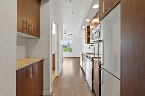 A long, narrow kitchen with wooden cabinets and stainless steel appliances.