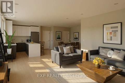 A well-lit, modern living room with a dining area and kitchen in the background.