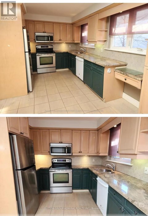 A kitchen with wooden cabinets and a stainless steel refrigerator.