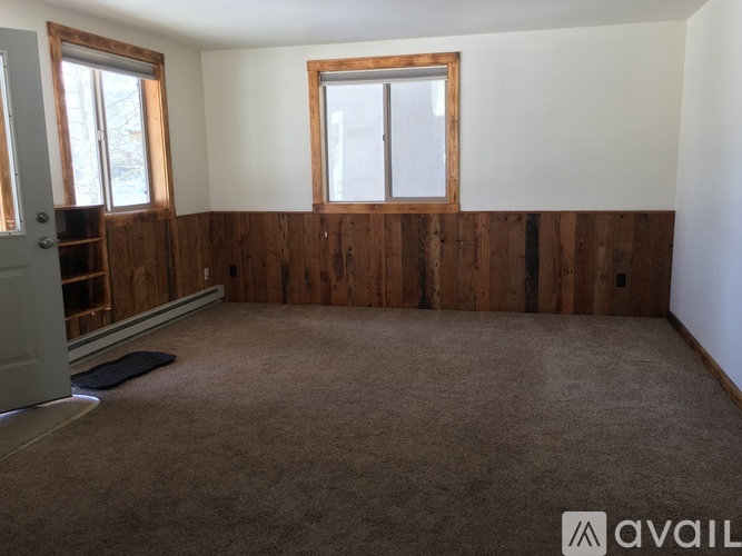 A room with wooden walls and carpeted floor.