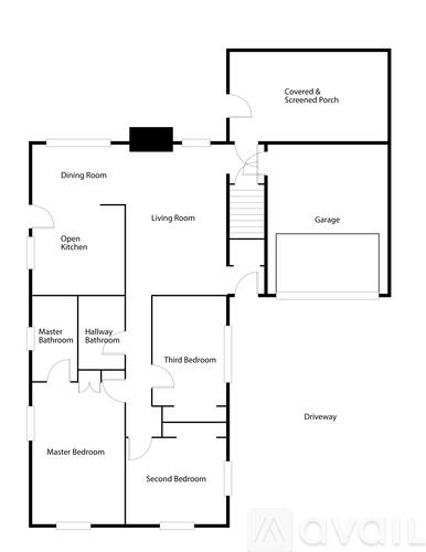 A floor plan of a house with a garage and a covered porch.