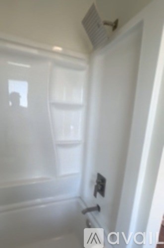 A white bathroom with a toilet and a shower.