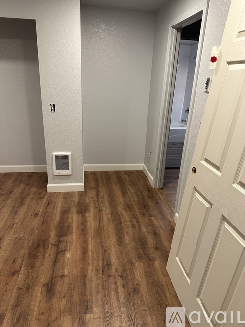 A room with a wooden floor and a white door.