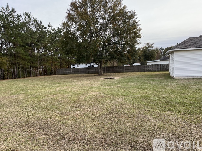 A backyard with a fence and trees.
