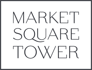 A black and white image of a sign that says Market Square Tower.