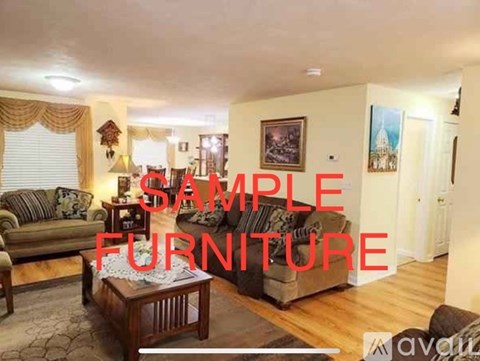 A living room with a sofa, a coffee table, and a rug.