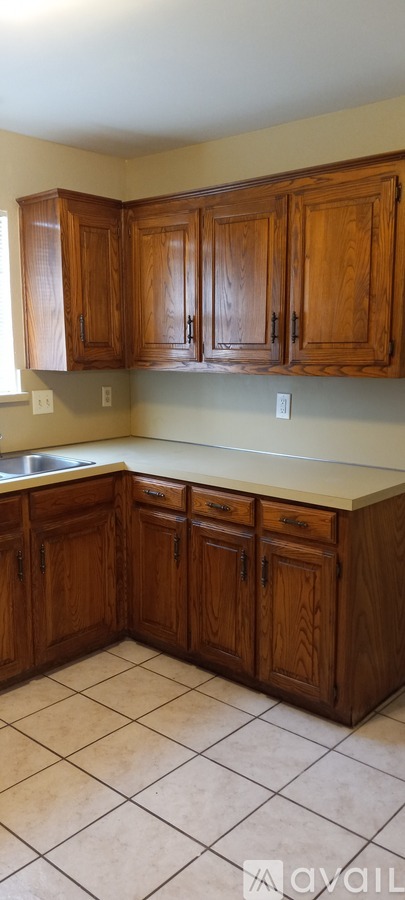 Brown wooden cabinets in a kitchen.