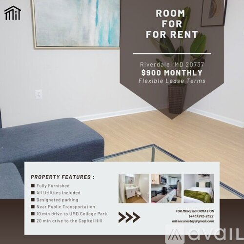 A room for rent in Riverdale, MD is available for $900 monthly.