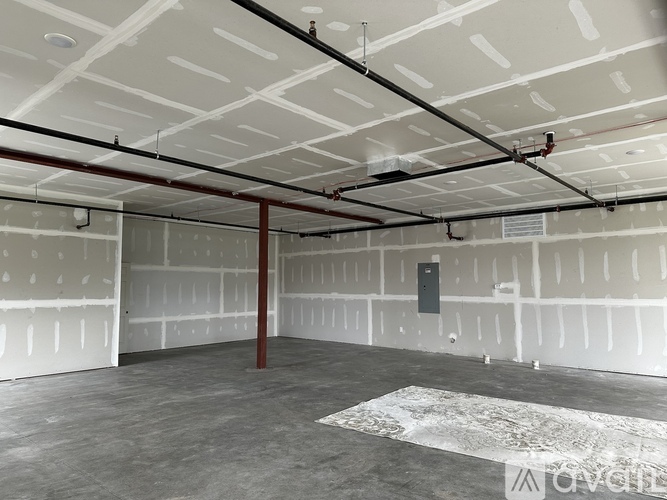 A large empty room with a white ceiling and a rug on the floor.