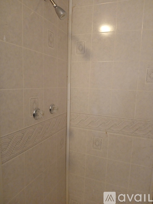 A bathroom with a shower head and a wall-mounted faucet.