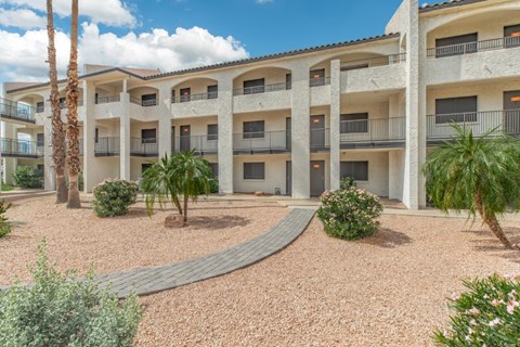 A building with a courtyard and a slide.