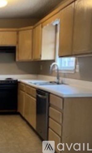 A kitchen with wooden cabinets and a stainless steel dishwasher.