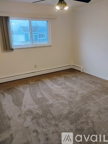 A room with a carpeted floor and a window with a view of trees outside.
