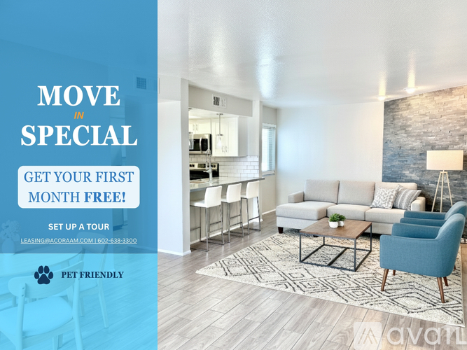 A modern living room with a special move in offer.