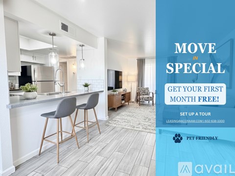 A modern living room with a special move in offer.