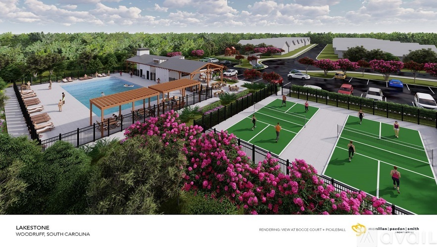A rendering of a resort in South Carolina with a pool, tennis courts, and a tennis pavilion.