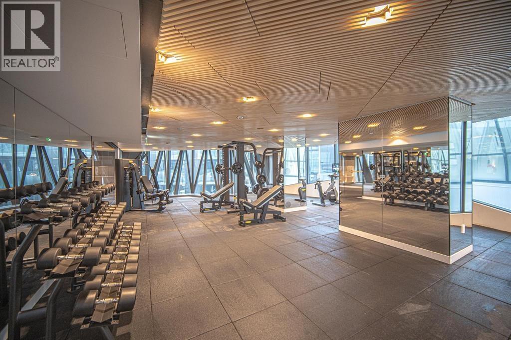 A gym with a variety of equipment including treadmills, weights, and exercise machines.