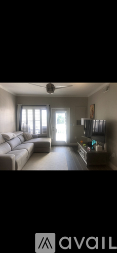 A living room with a couch, a ceiling fan, and a window with curtains.
