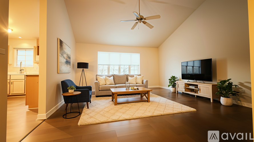 A living room with a television, a couch, a chair, and a rug.