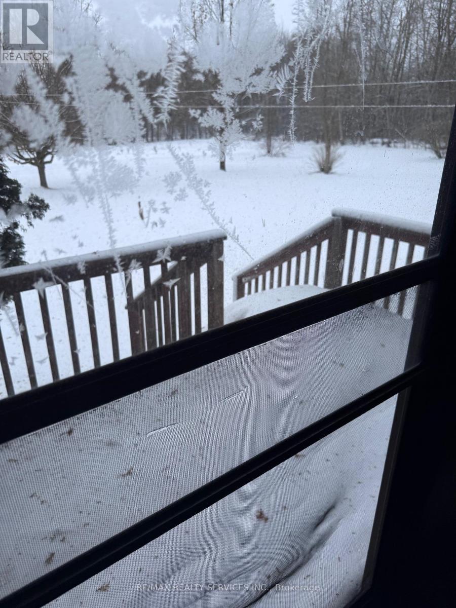 A snowy scene is seen through a window with a wooden railing.