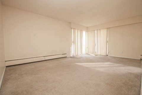 A large, empty room with a carpeted floor and a window with blinds.