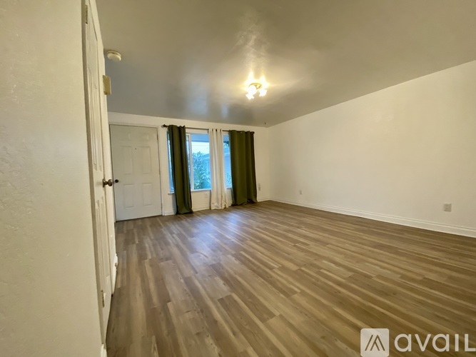 A room with wooden flooring and a window with green curtains.