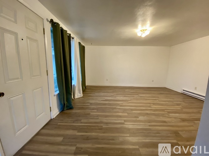 A room with wooden flooring and white walls, with a door on the left and a window with green curtains on the right.