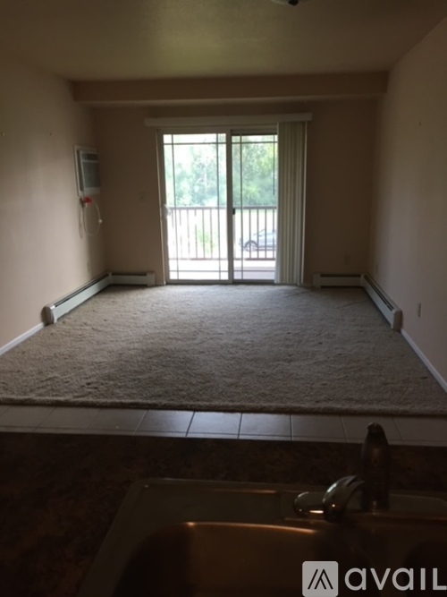 A room with a carpeted floor and a sliding glass door leading to a balcony.