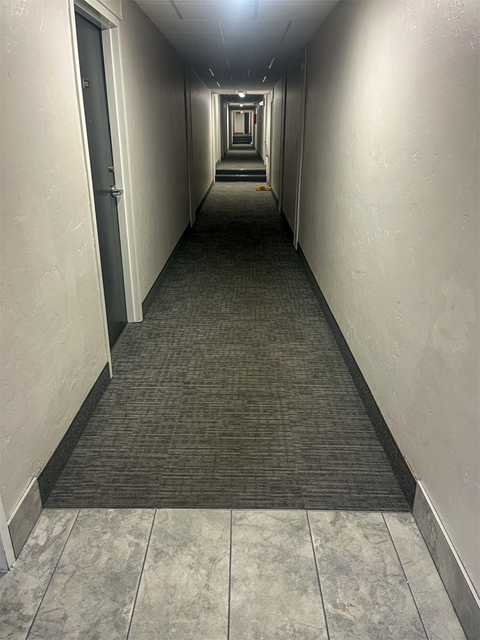 A long hallway with a carpeted floor and doors on the left.