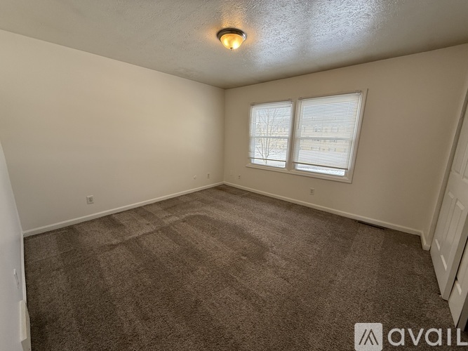 A room with carpeted floor, two windows, and a ceiling light fixture.