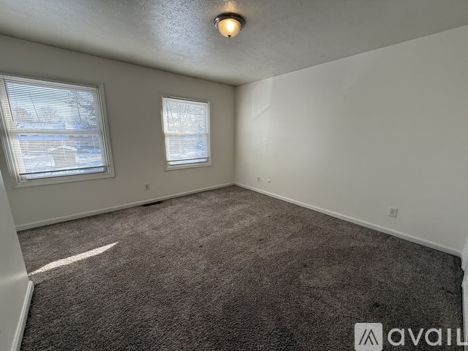 A room with a carpeted floor, two windows, and a ceiling light fixture.