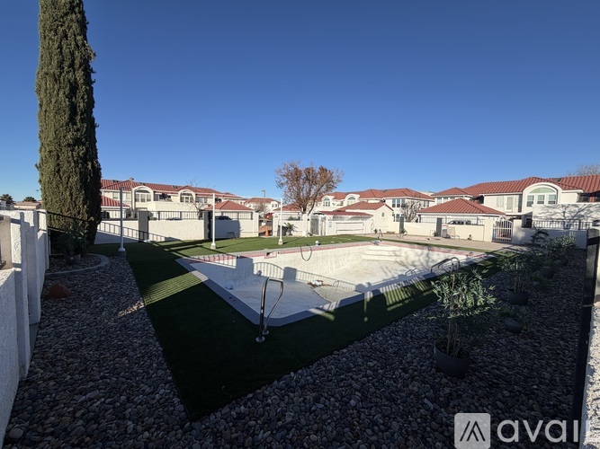 A backyard with a pool and a tree.