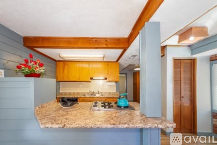 A kitchen with a granite countertop and a stove top oven.